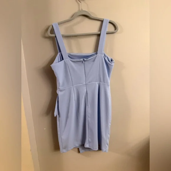 Betsey Johnson Light Blue Mini Dress Size 12 Square Neck Tie Waist Bodycon - Picture 2 of 5
